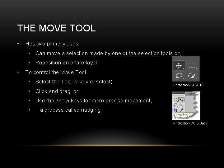 THE MOVE TOOL • Has two primary uses: • Can move a selection made