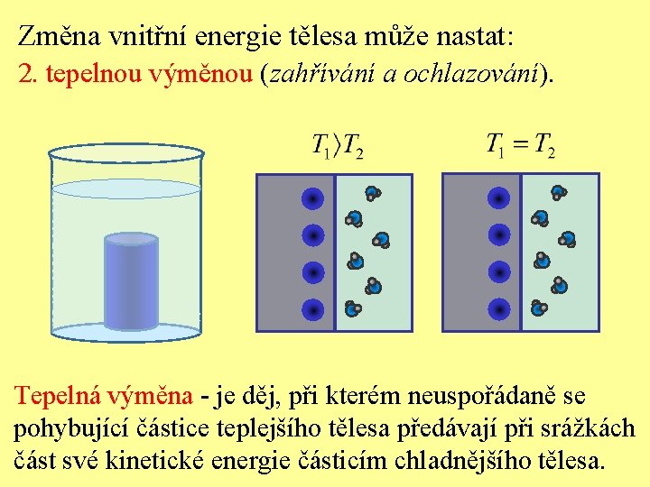 Změna vnitřní energie tělesa může nastat: 2. tepelnou výměnou (zahřívání a ochlazování). Tepelná výměna