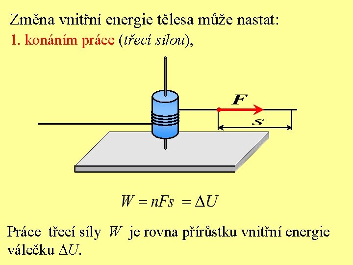 Změna vnitřní energie tělesa může nastat: 1. konáním práce (třecí silou), Práce třecí síly