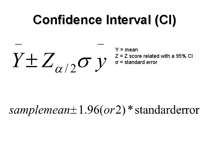 Confidence Interval (CI) Y = mean Z = Z score related with a 95%