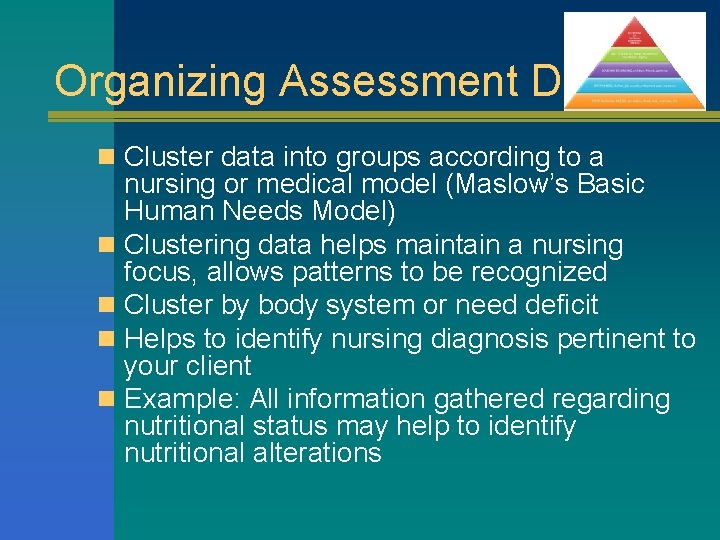 Organizing Assessment Data n Cluster data into groups according to a nursing or medical