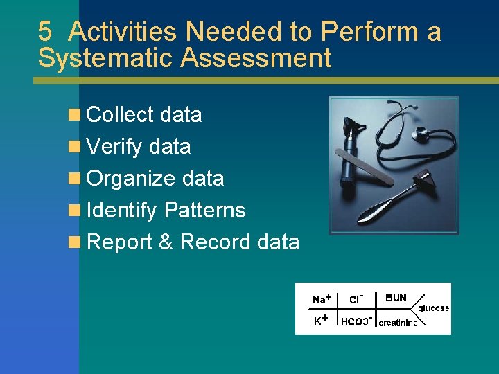 5 Activities Needed to Perform a Systematic Assessment n Collect data n Verify data