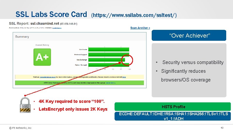 SSL Labs Score Card (https: //www. ssllabs. com/ssltest/) “Over Achiever” • Security versus compatibility