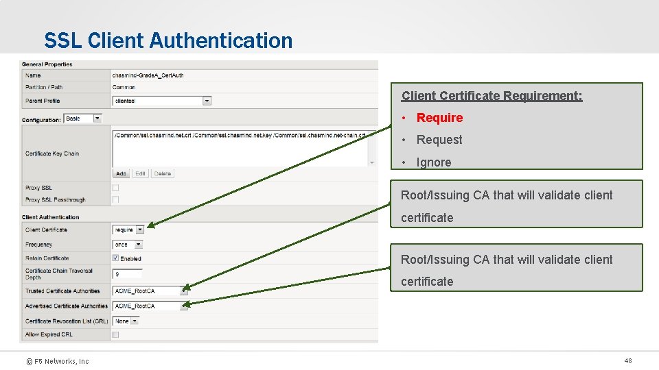 SSL Client Authentication Client Certificate Requirement: • Require • Request • Ignore Root/Issuing CA