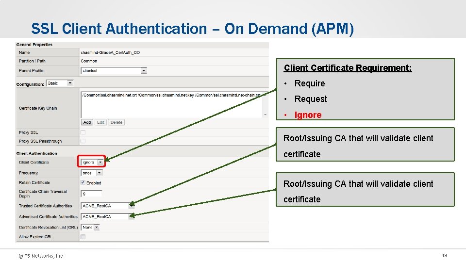 SSL Client Authentication – On Demand (APM) Client Certificate Requirement: • Require • Request