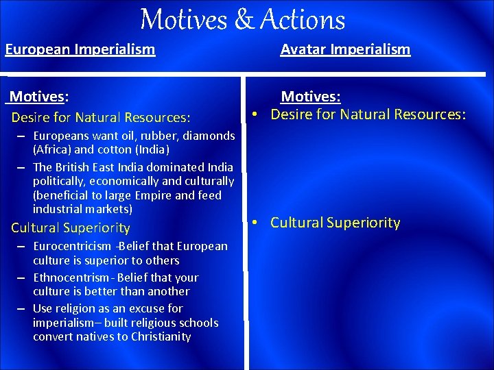 Motives & Actions European Imperialism Motives: Desire for Natural Resources: – Europeans want oil,