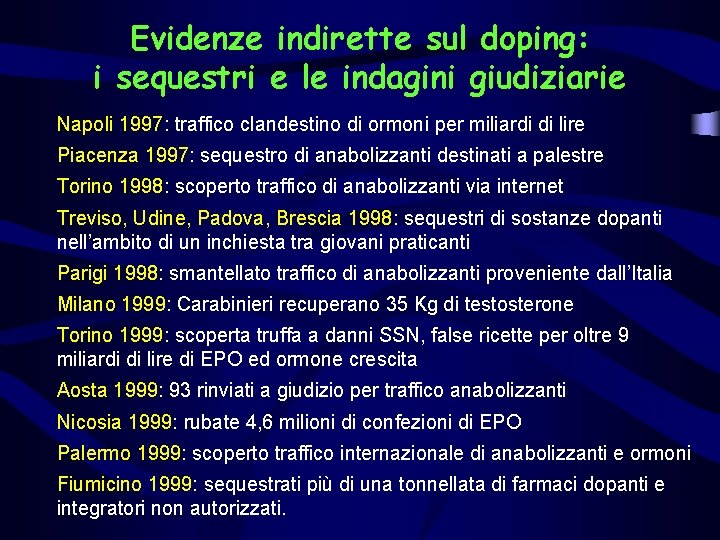 Evidenze indirette sul doping: i sequestri e le indagini giudiziarie Napoli 1997: traffico clandestino