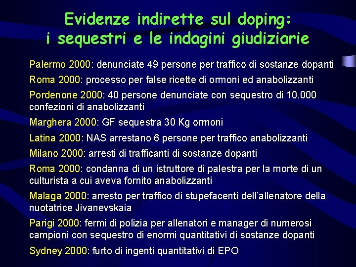 Evidenze indirette sul doping: i sequestri e le indagini giudiziarie Palermo 2000: denunciate 49