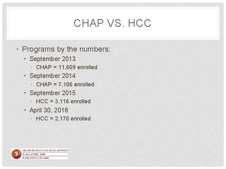 CHAP VS. HCC • Programs by the numbers: • September 2013 • CHAP =