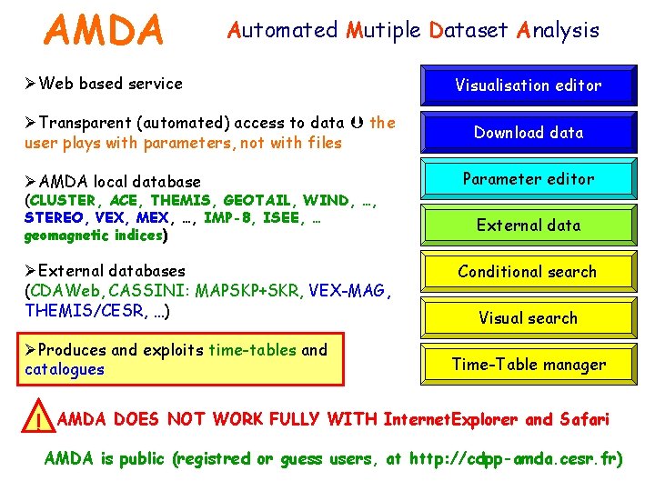 AMDA Automated Mutiple Dataset Analysis ØWeb based service ØTransparent (automated) access to data the