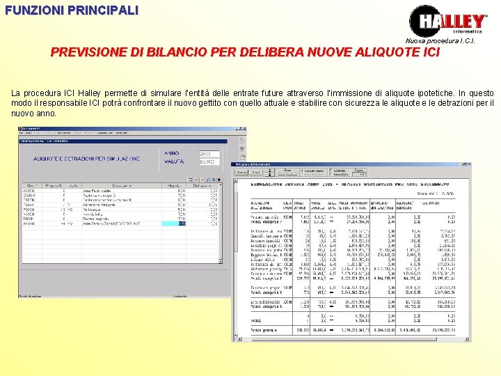 FUNZIONI PRINCIPALI Nuova procedura I. C. I. PREVISIONE DI BILANCIO PER DELIBERA NUOVE ALIQUOTE