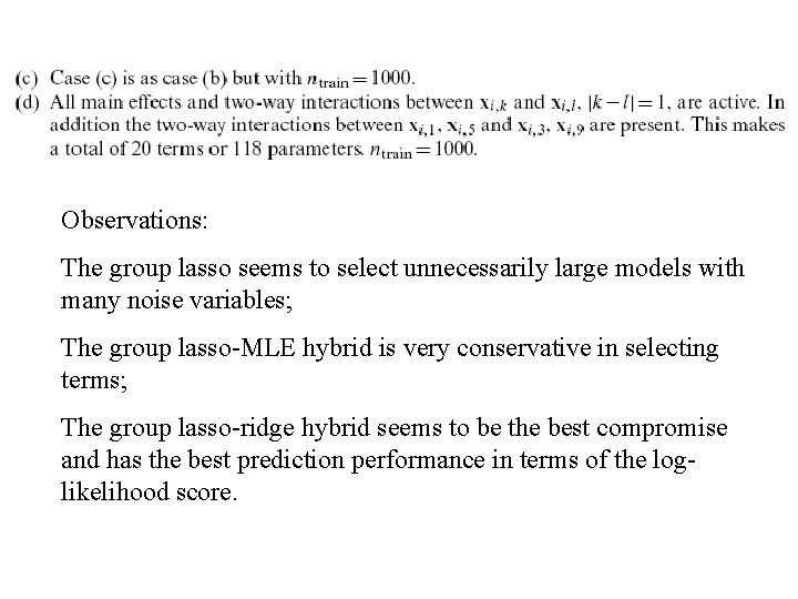 Observations: The group lasso seems to select unnecessarily large models with many noise variables;