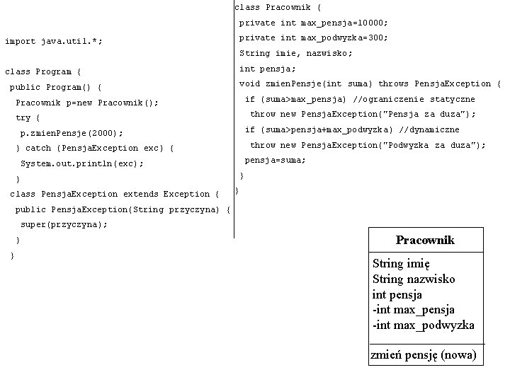 class Pracownik { private int max_pensja=10000; private int max_podwyzka=300; import java. util. *; String