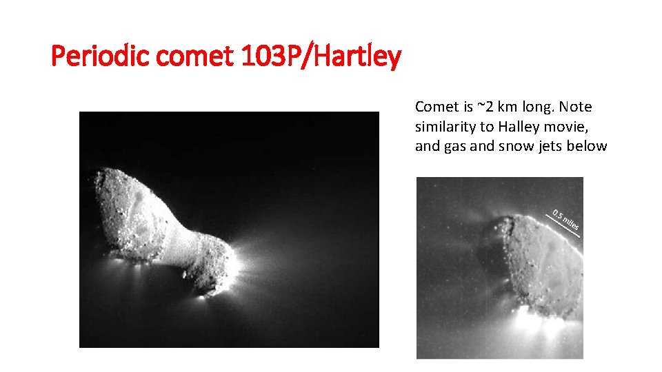 Periodic comet 103 P/Hartley Comet is ~2 km long. Note similarity to Halley movie,