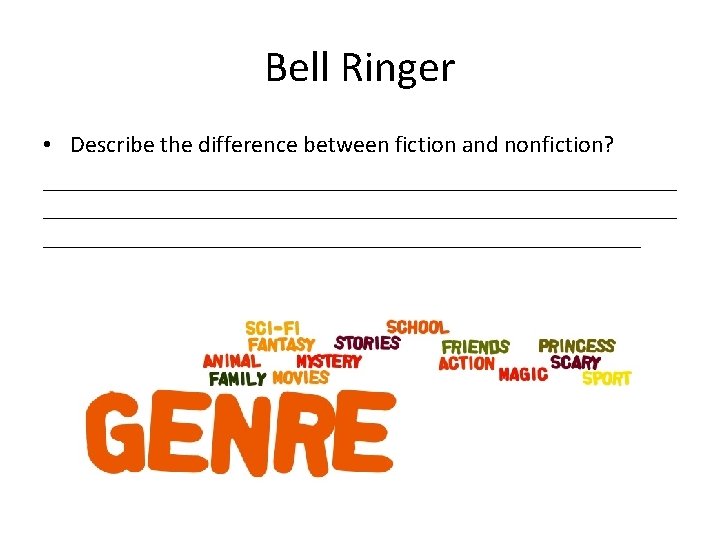 Bell Ringer • Describe the difference between fiction and nonfiction? _____________________________________________________ Bell Ringer • Describe the difference between fiction and nonfiction? _____________________________________________________