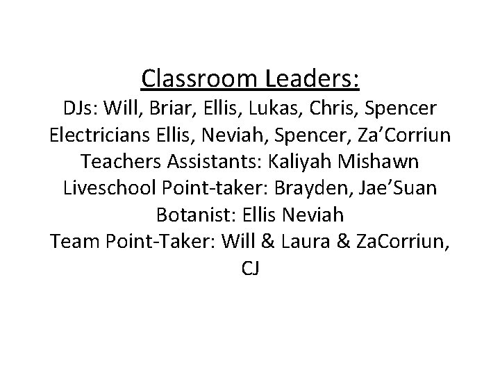 Classroom Leaders: DJs: Will, Briar, Ellis, Lukas, Chris, Spencer Electricians Ellis, Neviah, Spencer, Za’Corriun Classroom Leaders: DJs: Will, Briar, Ellis, Lukas, Chris, Spencer Electricians Ellis, Neviah, Spencer, Za’Corriun