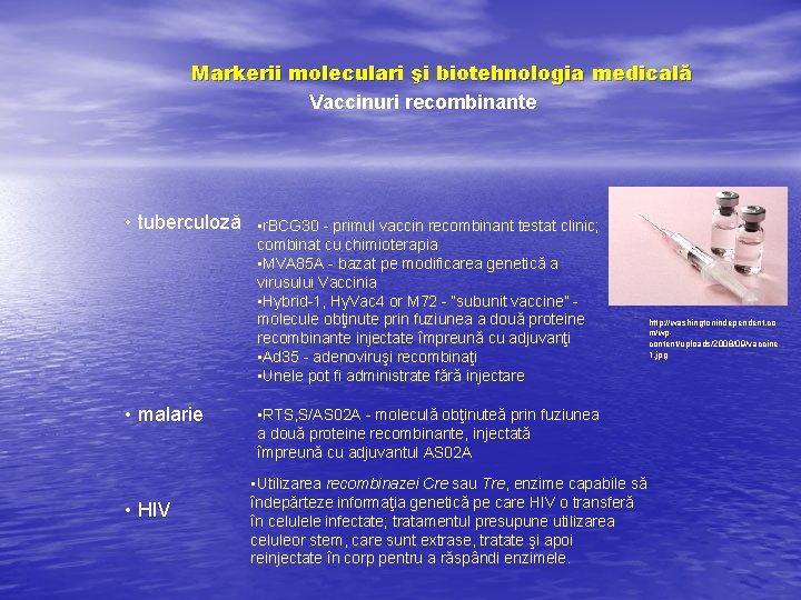 Markerii moleculari şi biotehnologia medicală Vaccinuri recombinante • tuberculoză • malarie • HIV •