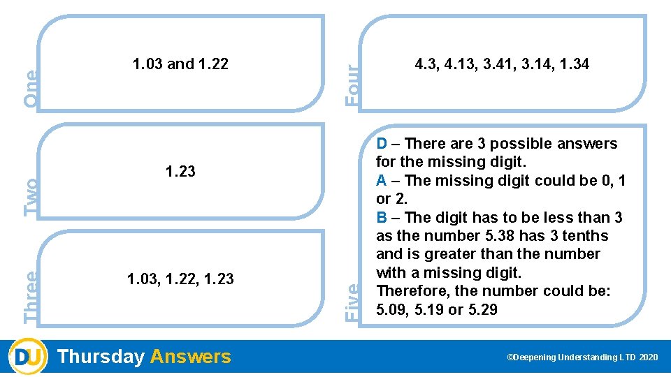 Four 1. 23 1. 03, 1. 22, 1. 23 Thursday Answers Five One Two