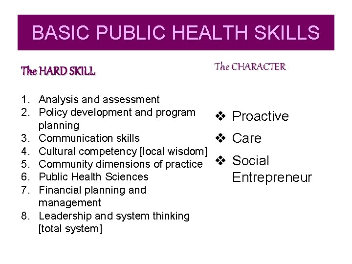 BASIC PUBLIC HEALTH SKILLS The HARD SKILL 1. Analysis and assessment 2. Policy development