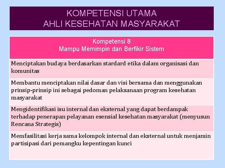 KOMPETENSI UTAMA AHLI KESEHATAN MASYARAKAT Kompetensi 8 Mampu Memimpin dan Berfikir Sistem Menciptakan budaya