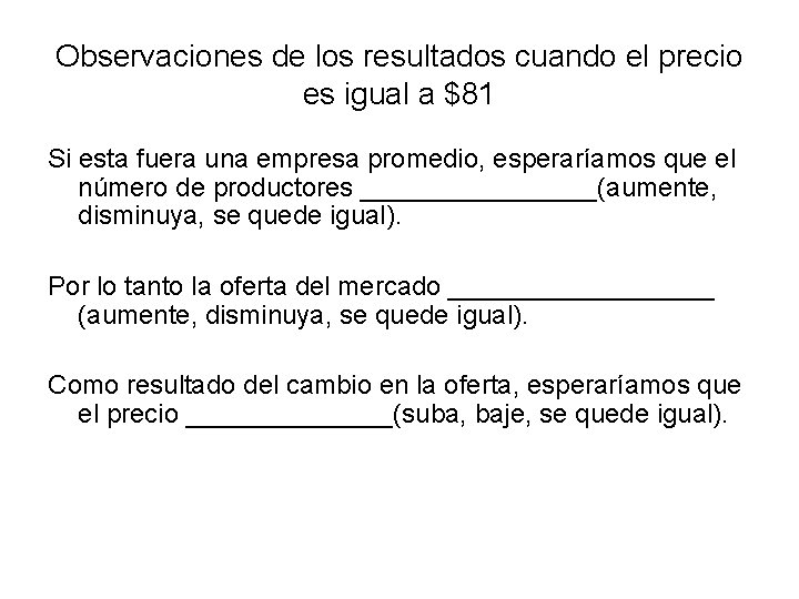 Observaciones de los resultados cuando el precio es igual a $81 Si esta fuera