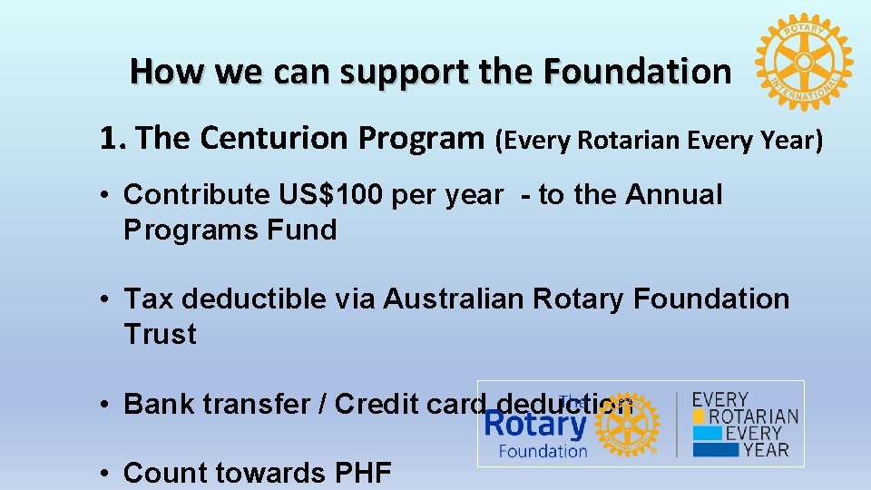 How we can support the Foundation Foundati 1. The Centurion Program (Every Rotarian Every