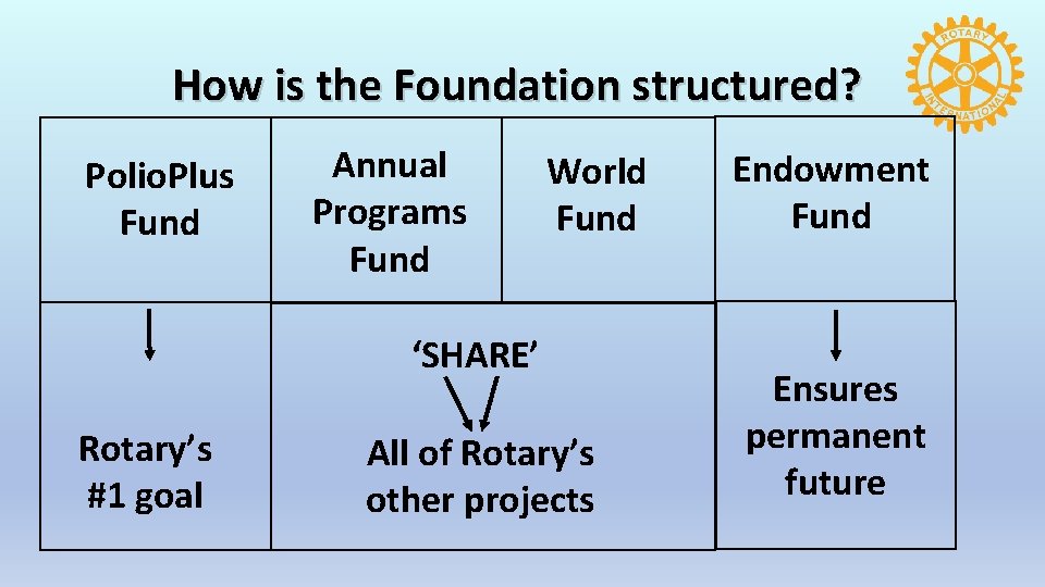 How is the Foundation structured? Polio. Plus Fund Annual Programs Fund World Fund ‘SHARE’