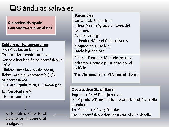 q. Glándulas salivales Sialoadenitis aguda (parotiditis/submaxilitis) Epidémica: Paramyxovirus 90% Afectación bilateral Transmisión respiratoria con