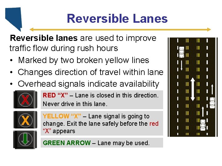 Reversible Lanes Reversible lanes are used to improve traffic flow during rush hours •