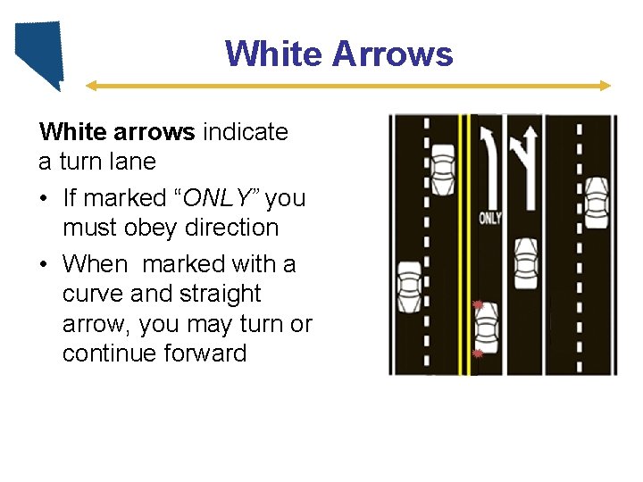 White Arrows White arrows indicate a turn lane • If marked “ONLY” you must