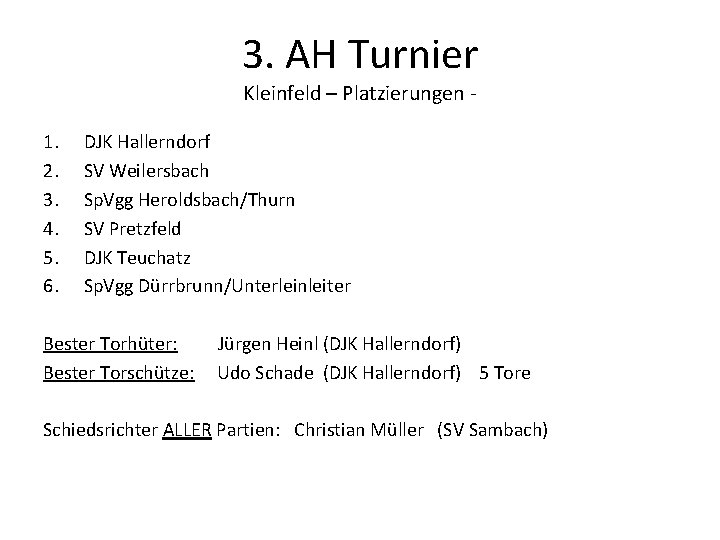 3. AH Turnier Kleinfeld – Platzierungen - 1. 2. 3. 4. 5. 6. DJK