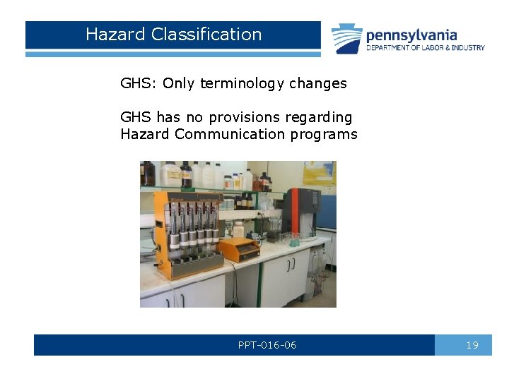 Hazard Classification GHS: Only terminology changes GHS has no provisions regarding Hazard Communication programs Hazard Classification GHS: Only terminology changes GHS has no provisions regarding Hazard Communication programs