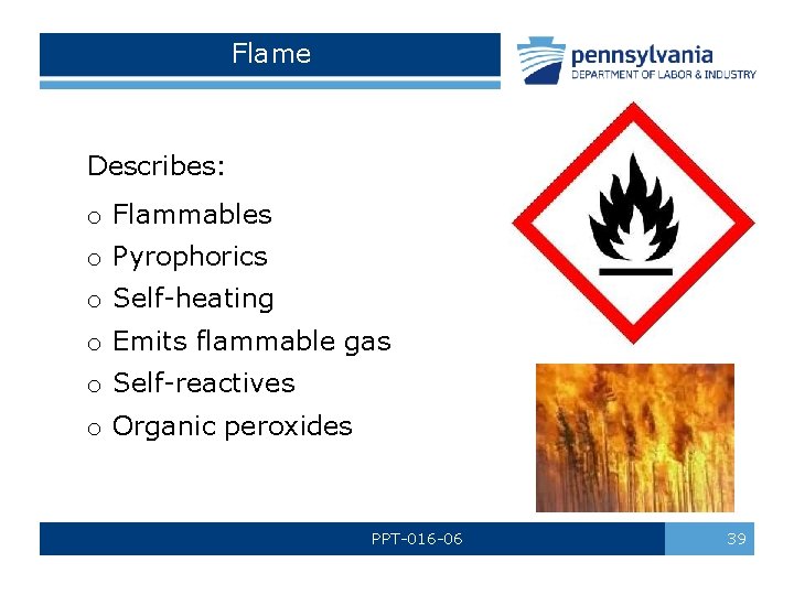 Flame Describes: o Flammables o Pyrophorics o Self-heating o Emits flammable gas o Self-reactives Flame Describes: o Flammables o Pyrophorics o Self-heating o Emits flammable gas o Self-reactives