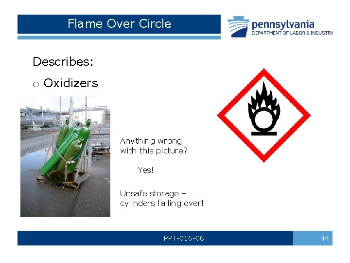 Flame Over Circle Describes: o Oxidizers Anything wrong with this picture? Yes! Unsafe storage Flame Over Circle Describes: o Oxidizers Anything wrong with this picture? Yes! Unsafe storage