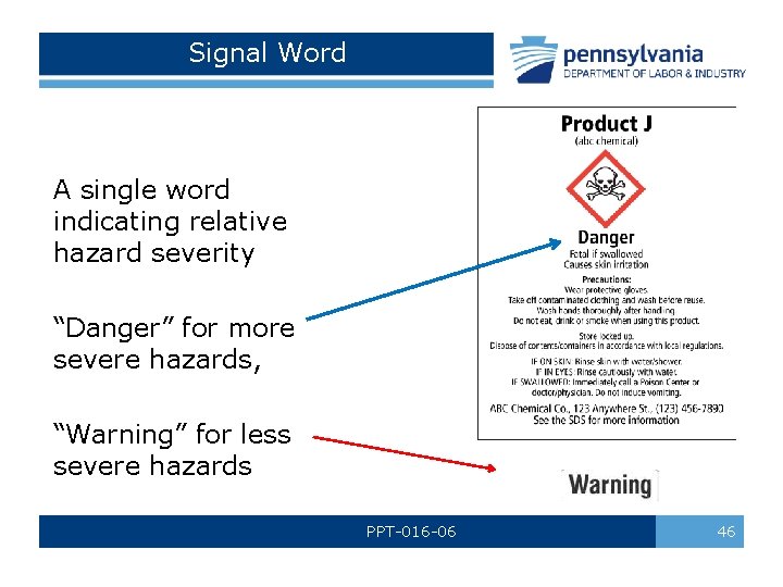 Signal Word A single word indicating relative hazard severity “Danger” for more severe hazards, Signal Word A single word indicating relative hazard severity “Danger” for more severe hazards,
