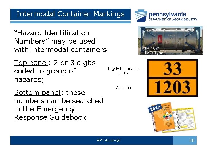 Intermodal Container Markings “Hazard Identification Numbers” may be used with intermodal containers Top panel: Intermodal Container Markings “Hazard Identification Numbers” may be used with intermodal containers Top panel: