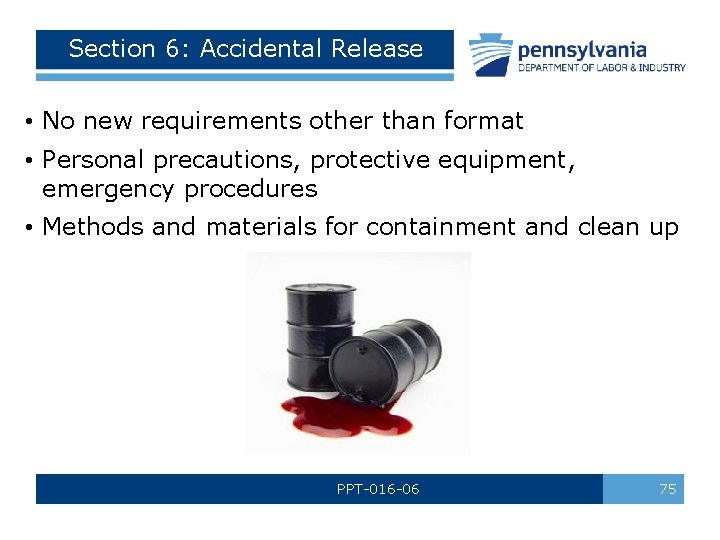 Section 6: Accidental Release • No new requirements other than format • Personal precautions, Section 6: Accidental Release • No new requirements other than format • Personal precautions,