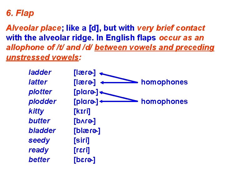 6. Flap Alveolar place; like a [d], but with very brief contact with the
