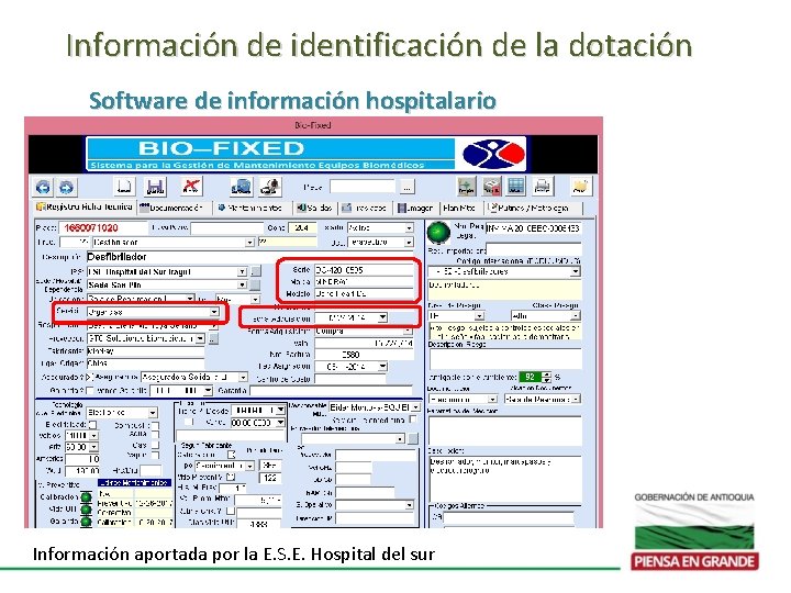 Información de identificación de la dotación Software de información hospitalario Información aportada por la