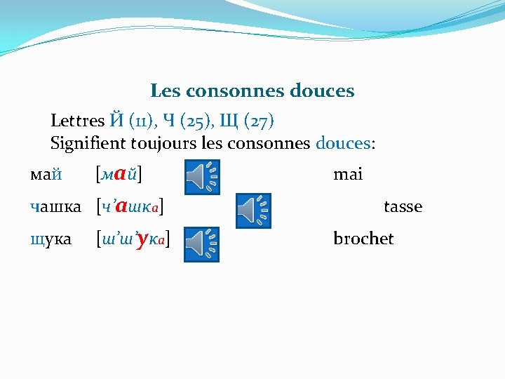 Les consonnes douces Lettres Й (11), Ч (25), Щ (27) Signifient toujours les consonnes