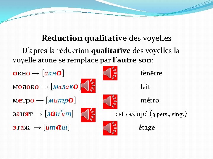 Réduction qualitative des voyelles D’après la réduction qualitative des voyelles la voyelle atone se