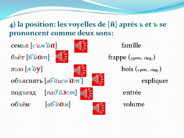 4) la position: les voyelles de [й] après ь et ъ se prononcent comme