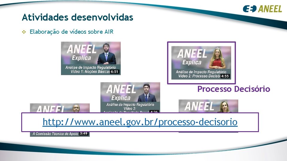Atividades desenvolvidas v Elaboração de vídeos sobre AIR Processo Decisório http: //www. aneel. gov. Atividades desenvolvidas v Elaboração de vídeos sobre AIR Processo Decisório http: //www. aneel. gov.