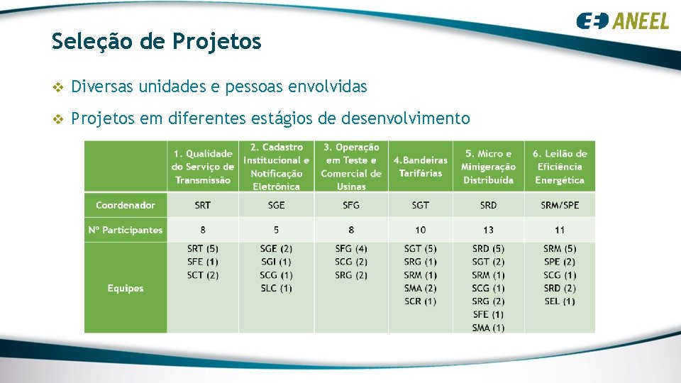 Seleção de Projetos v Diversas unidades e pessoas envolvidas v Projetos em diferentes estágios Seleção de Projetos v Diversas unidades e pessoas envolvidas v Projetos em diferentes estágios