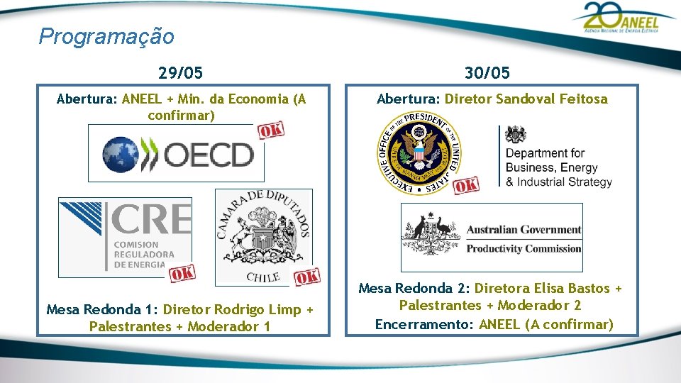 Programação 29/05 Abertura: ANEEL + Min. da Economia (A confirmar) Mesa Redonda 1: Diretor Programação 29/05 Abertura: ANEEL + Min. da Economia (A confirmar) Mesa Redonda 1: Diretor
