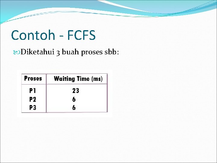 Contoh - FCFS Diketahui 3 buah proses sbb: 