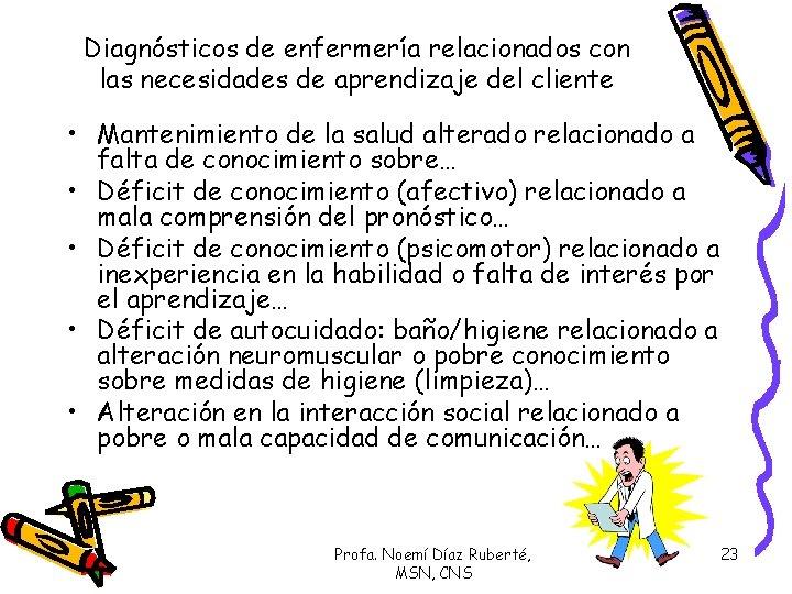 Diagnósticos de enfermería relacionados con las necesidades de aprendizaje del cliente • Mantenimiento de