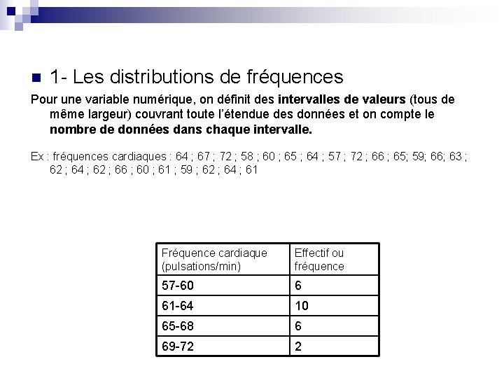 n 1 - Les distributions de fréquences Pour une variable numérique, on définit des
