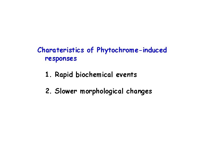 Charateristics of Phytochrome-induced responses 1. Rapid biochemical events 2. Slower morphological changes 