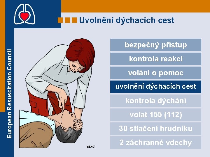Uvolnění dýchacích cest European Resuscitation Council bezpečný přístup kontrola reakcí volání o pomoc uvolnění Uvolnění dýchacích cest European Resuscitation Council bezpečný přístup kontrola reakcí volání o pomoc uvolnění
